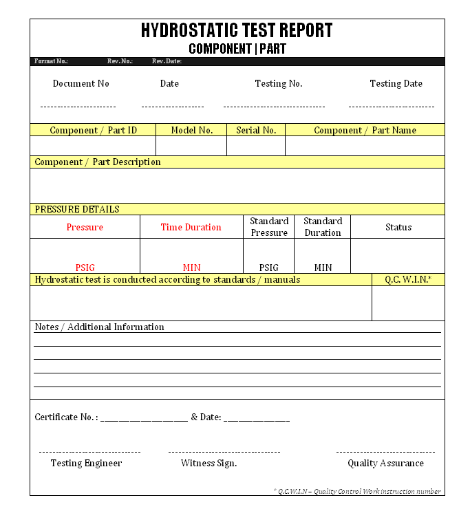 Hydrostatic Pressure Test Report Template