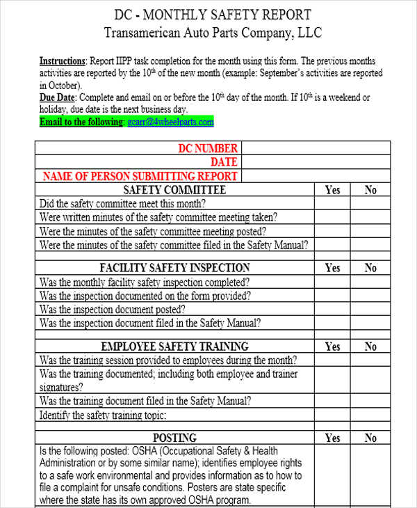 Monthly Health And Safety Report Template