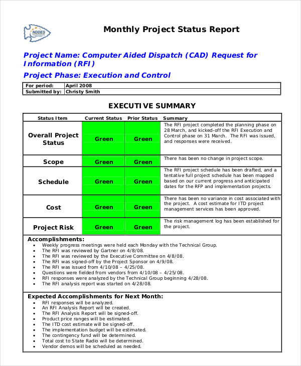 Monthly Status Report Template