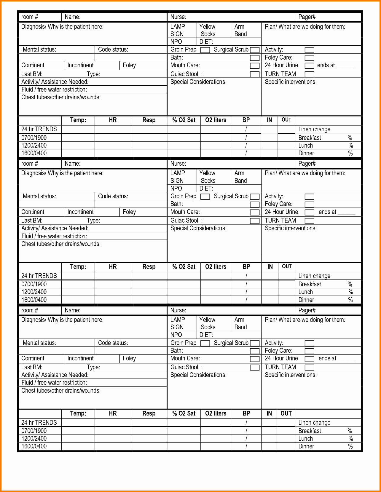 Nursing Report Sheet Template