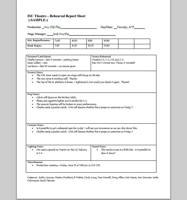 Rehearsal Report Template