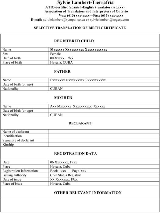 Birth Certificate Translation Template