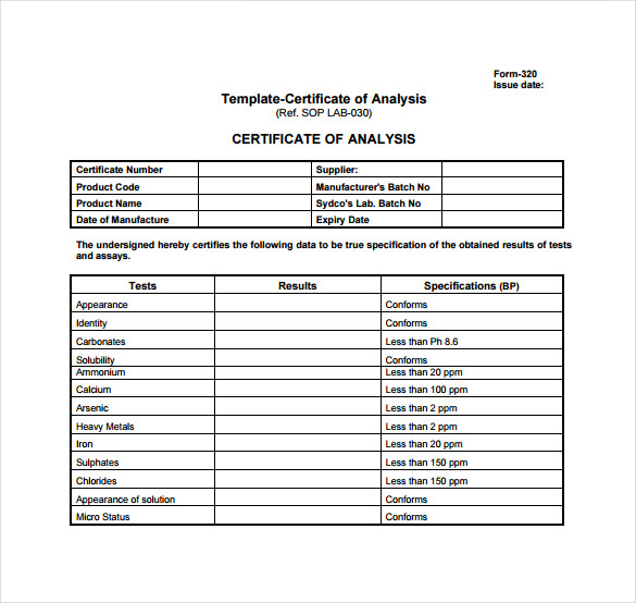 Certificate Of Analysis Template