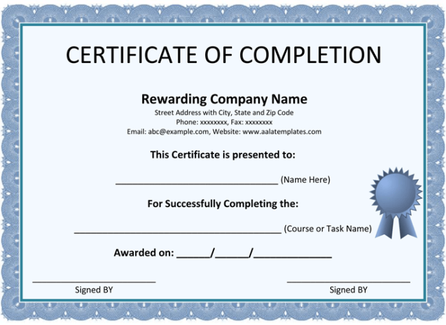 Certificate Of Completion Word Template