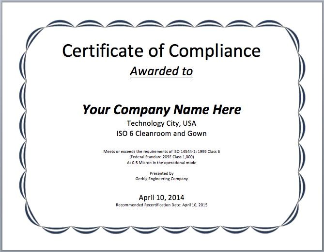 Certificate Of Compliance Template