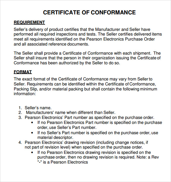 Certificate Of Conformance Template