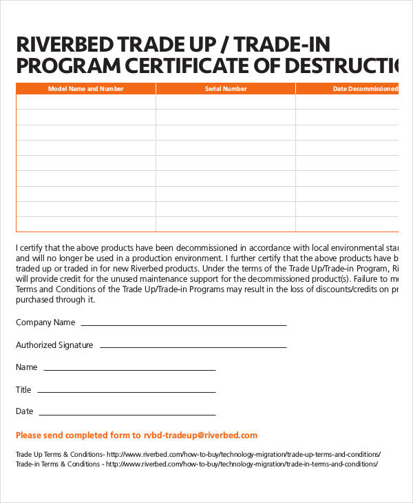 Certificate Of Destruction Template