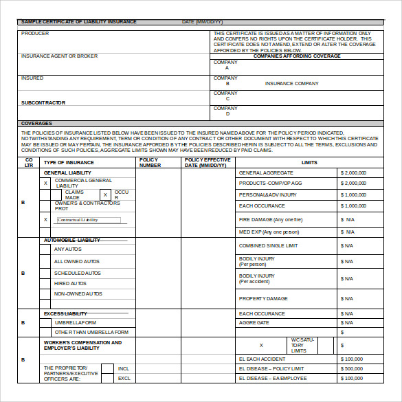 Certificate Of Insurance Template