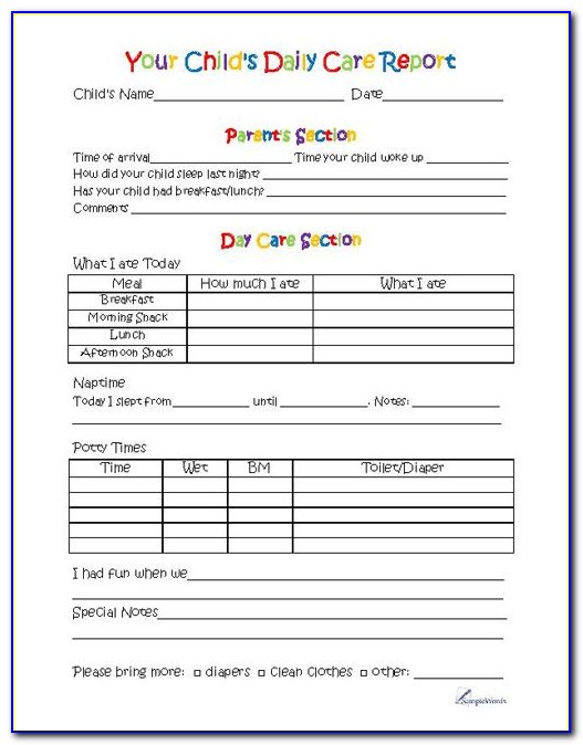 Daycare Infant Daily Report Template