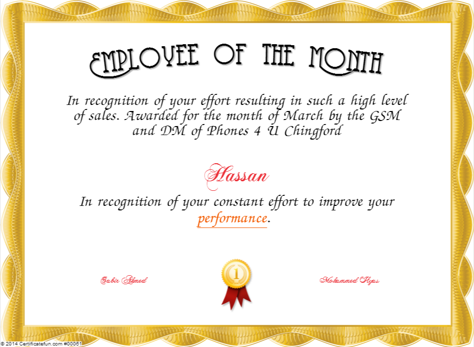 Employee Of The Month Certificate Template