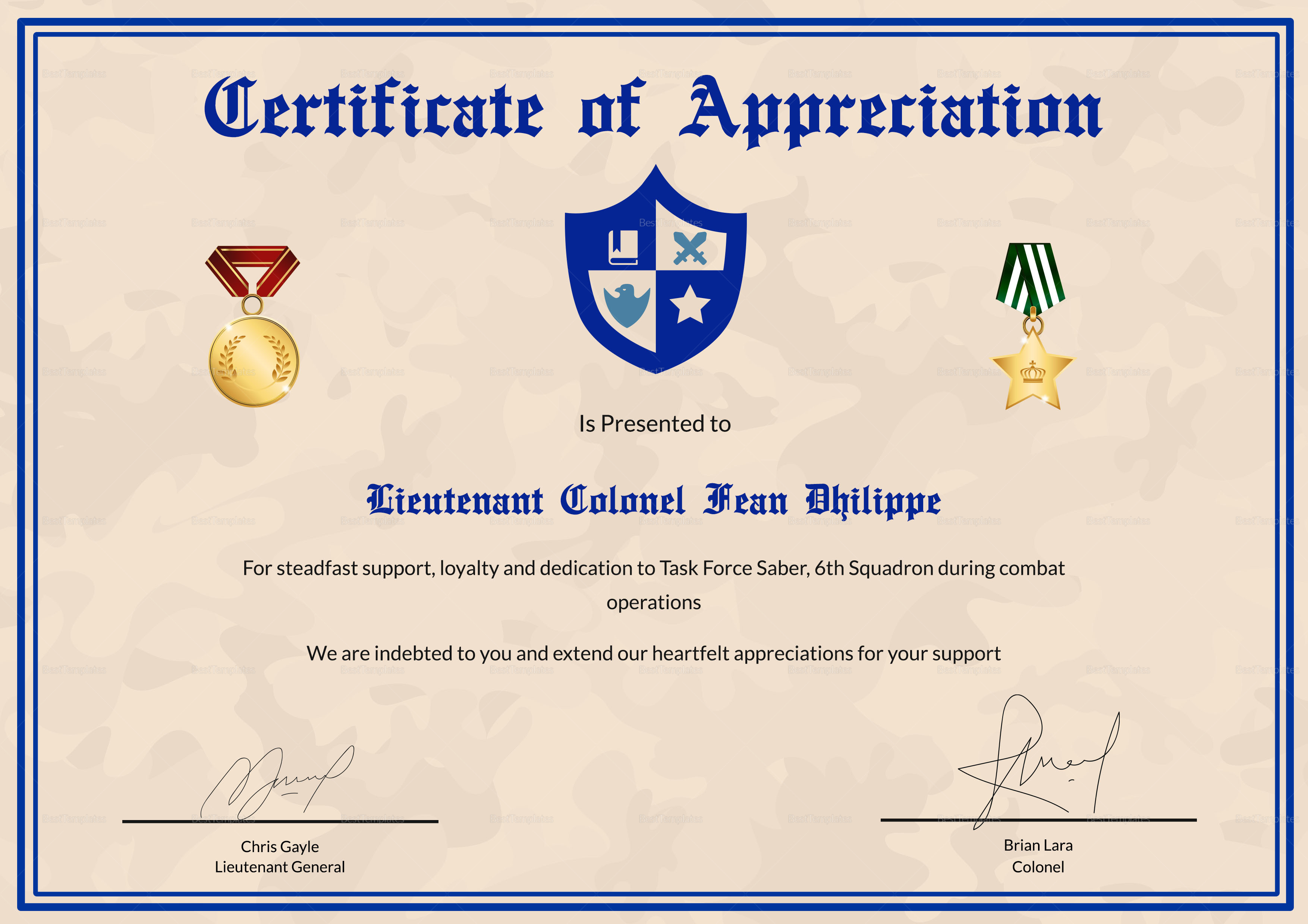 Army Certificate Of Appreciation Template