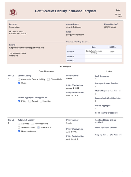 Certificate Of Liability Insurance Template