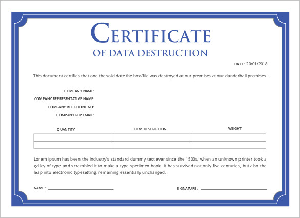 Free Certificate Of Destruction Template