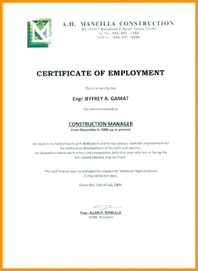 Sample Certificate Employment Template