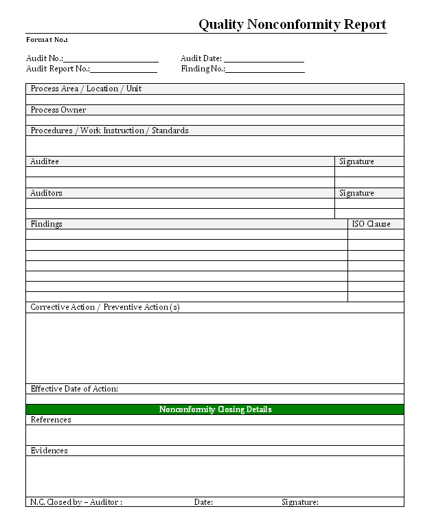 Non Conformance Report Template