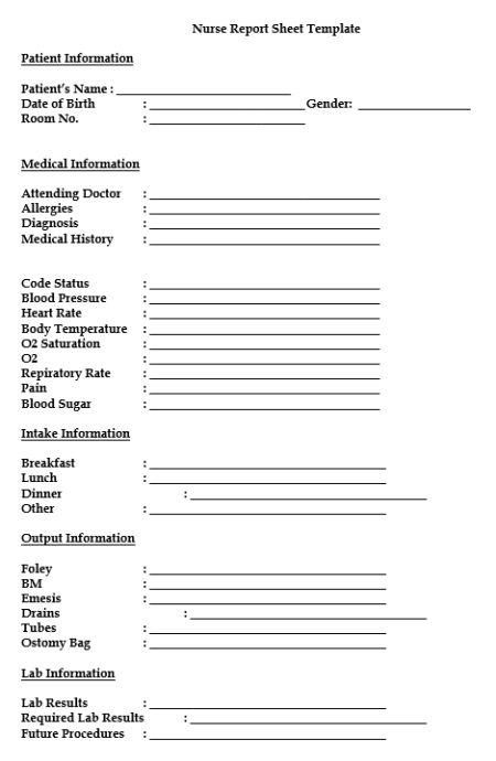 Nursing Assistant Report Sheet Templates