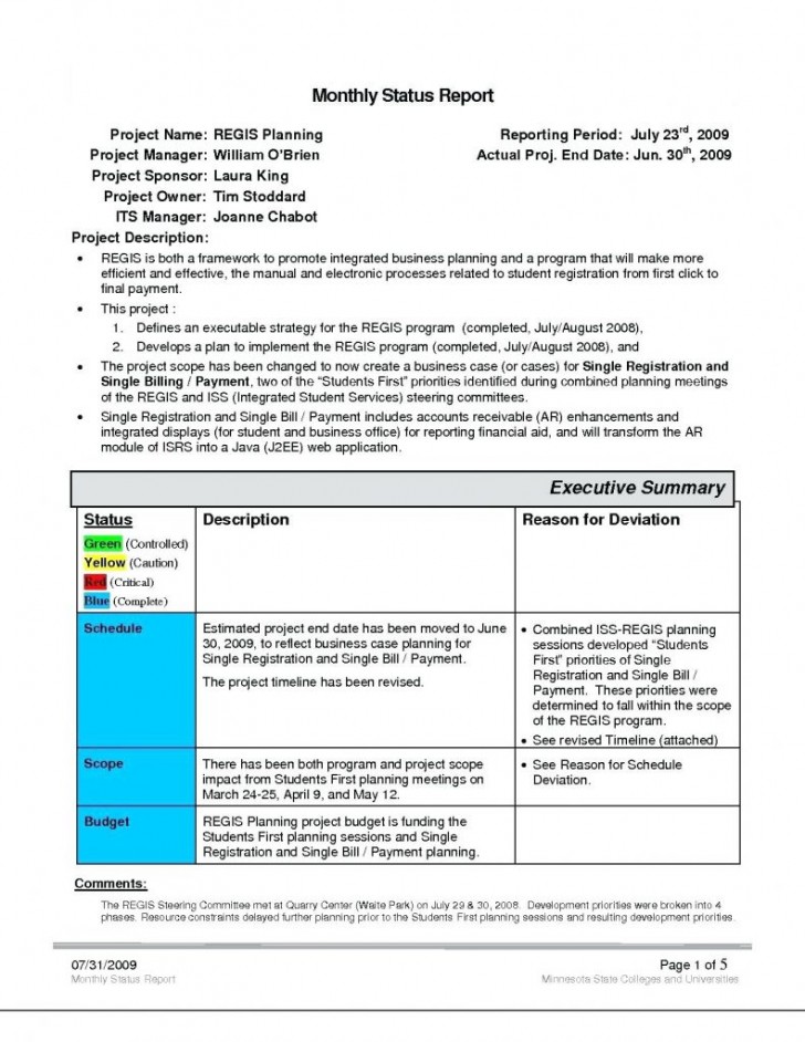 Project Monthly Status Report Template