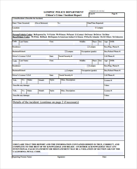 Blank Police Report Template