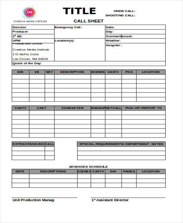 Blank Call Sheet Template