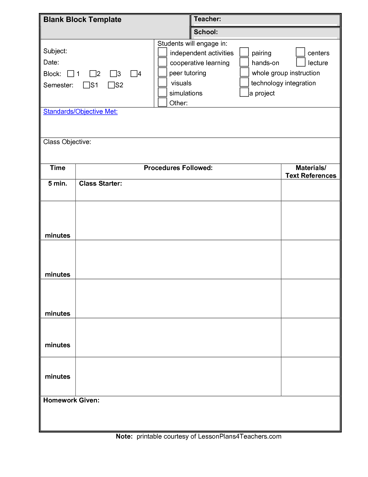 Blank Unit Lesson Plan Template