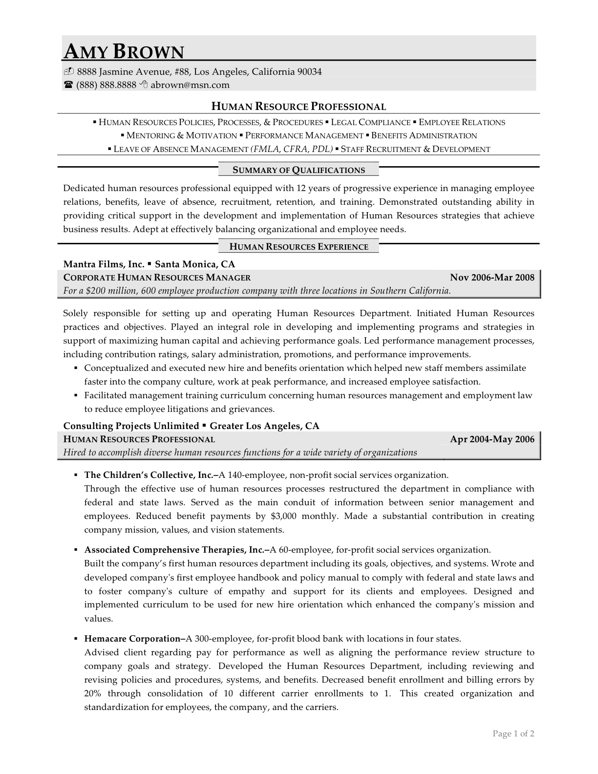 Resume Templates Human Resources