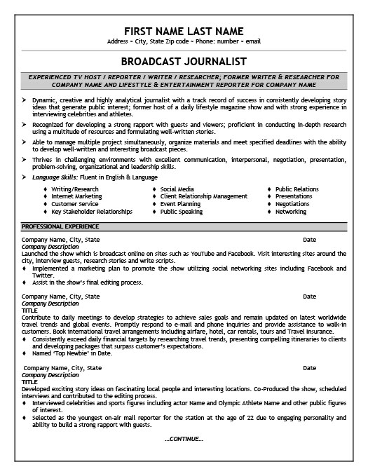 examples of journalism resume