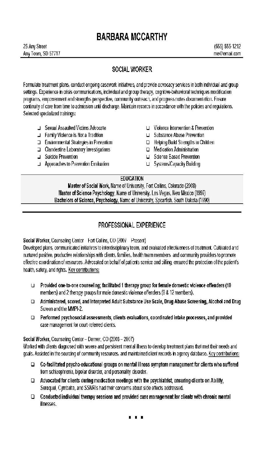 Resume Templates Social Work