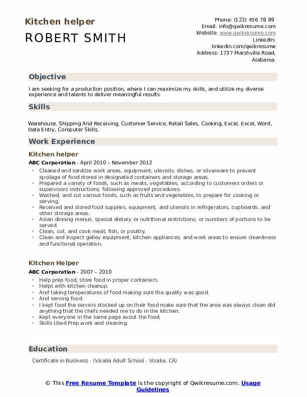 Resume Templates for Kitchen Worker