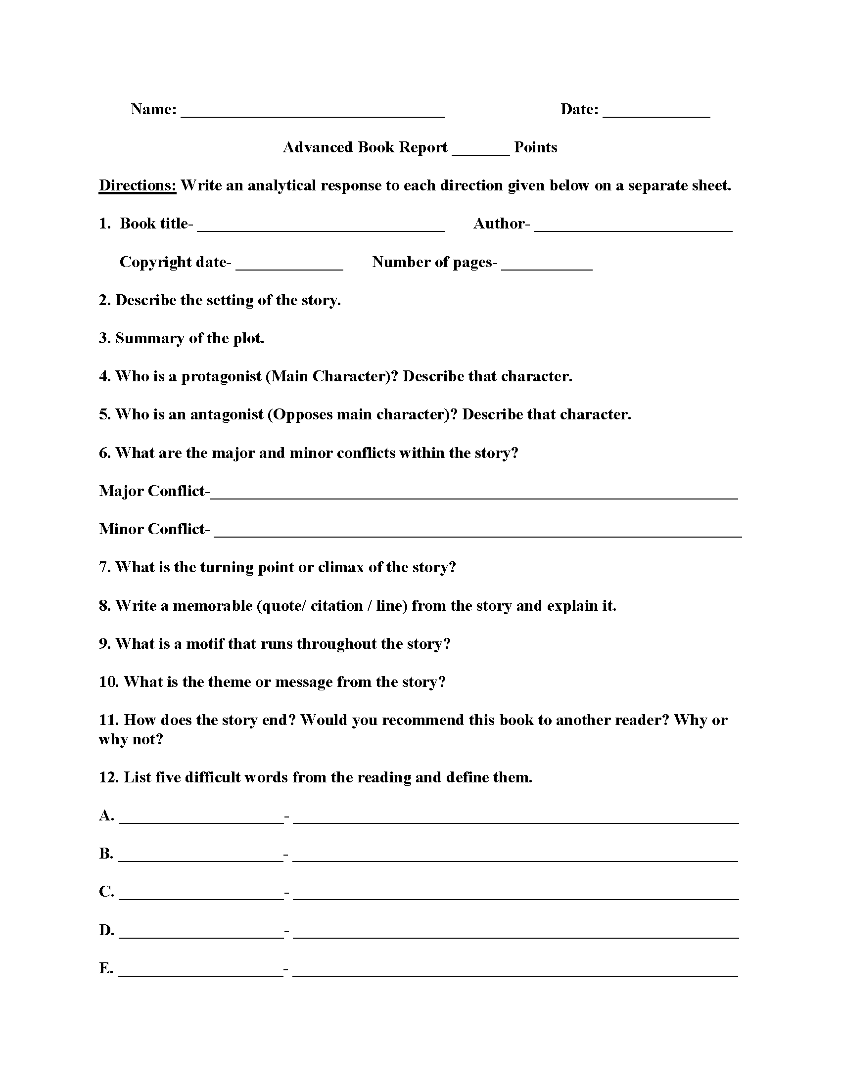 Book Report Template Grade 7