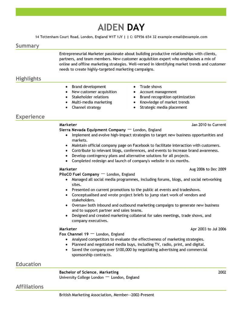 Resume Templates Marketing