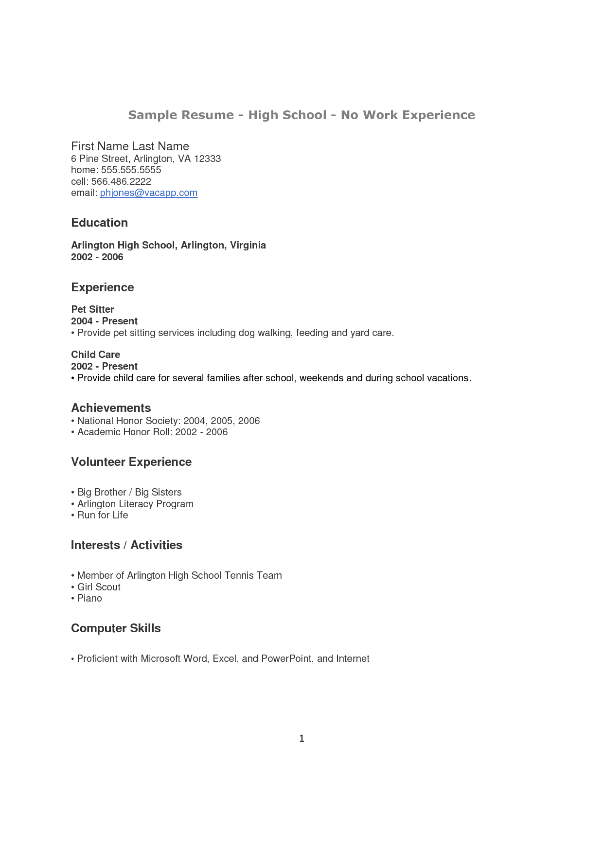 Resume Templates No Experience High School