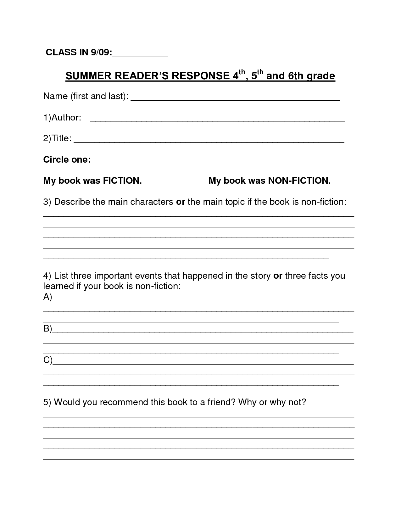Book Report Template 4th Grade Free