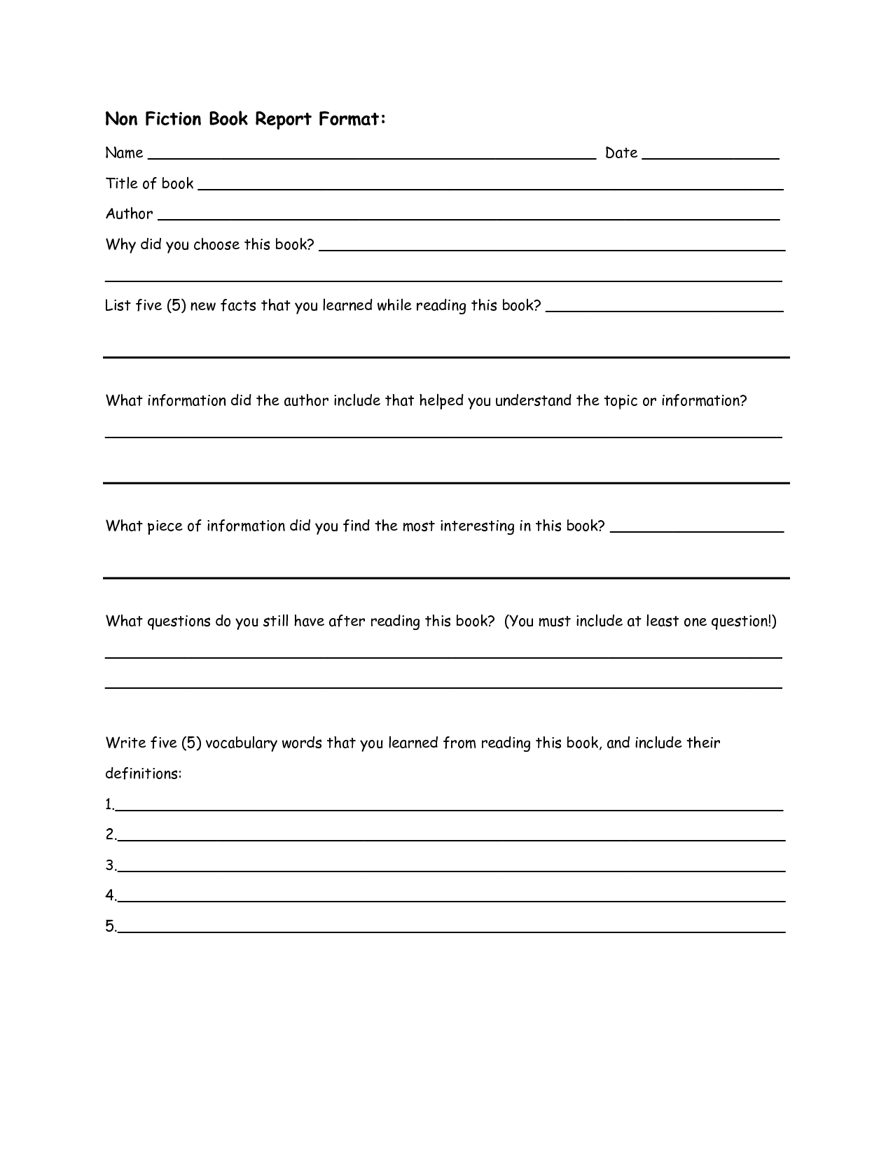 Book Report Template 5th Grade Nonfiction